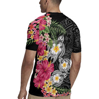 Hawaiian Tropical Flowers and Tribal Turtles Rugby Jersey Polynesian Art Motifs Black Color LT03 - Polynesian Pride