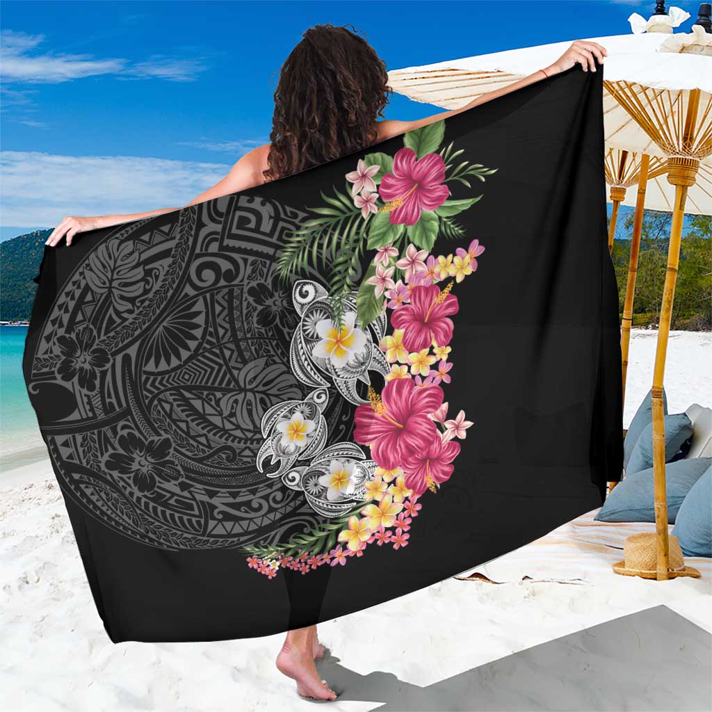 Hawaiian Tropical Flowers and Tribal Turtles Sarong Polynesian Art Motifs Black Color LT03 One Size 44 x 66 inches Black - Polynesian Pride