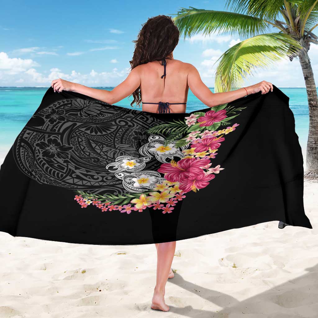 Hawaiian Tropical Flowers and Tribal Turtles Sarong Polynesian Art Motifs Black Color LT03 - Polynesian Pride
