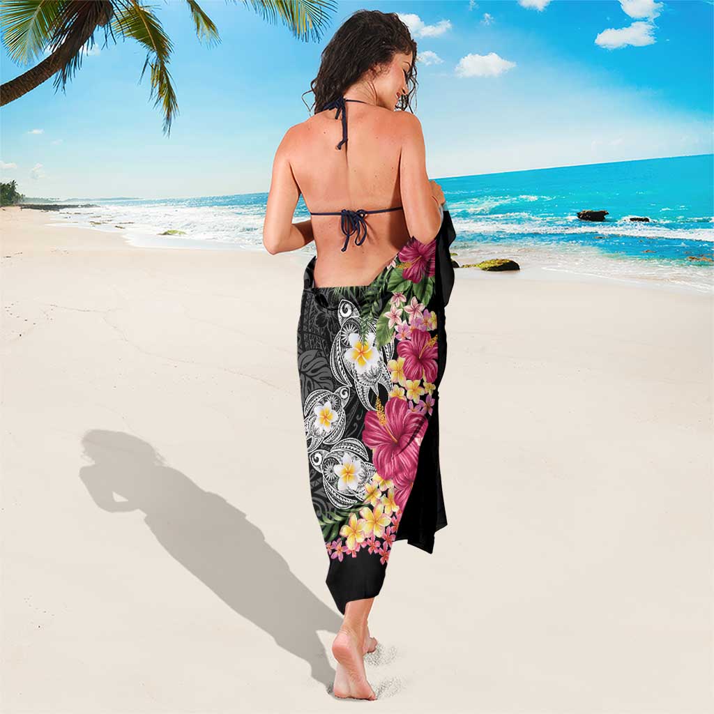 Hawaiian Tropical Flowers and Tribal Turtles Sarong Polynesian Art Motifs Black Color LT03 - Polynesian Pride