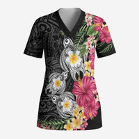 Hawaiian Tropical Flowers and Tribal Turtles Scrub Top Polynesian Art Motifs Black Color LT03 Adult Black - Polynesian Pride