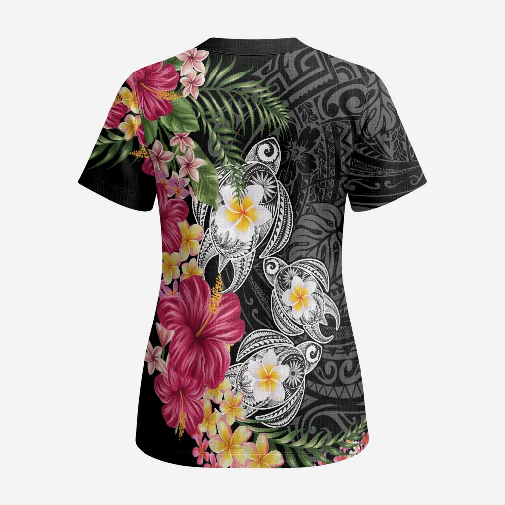 Hawaiian Tropical Flowers and Tribal Turtles Scrub Top Polynesian Art Motifs Black Color LT03 - Polynesian Pride