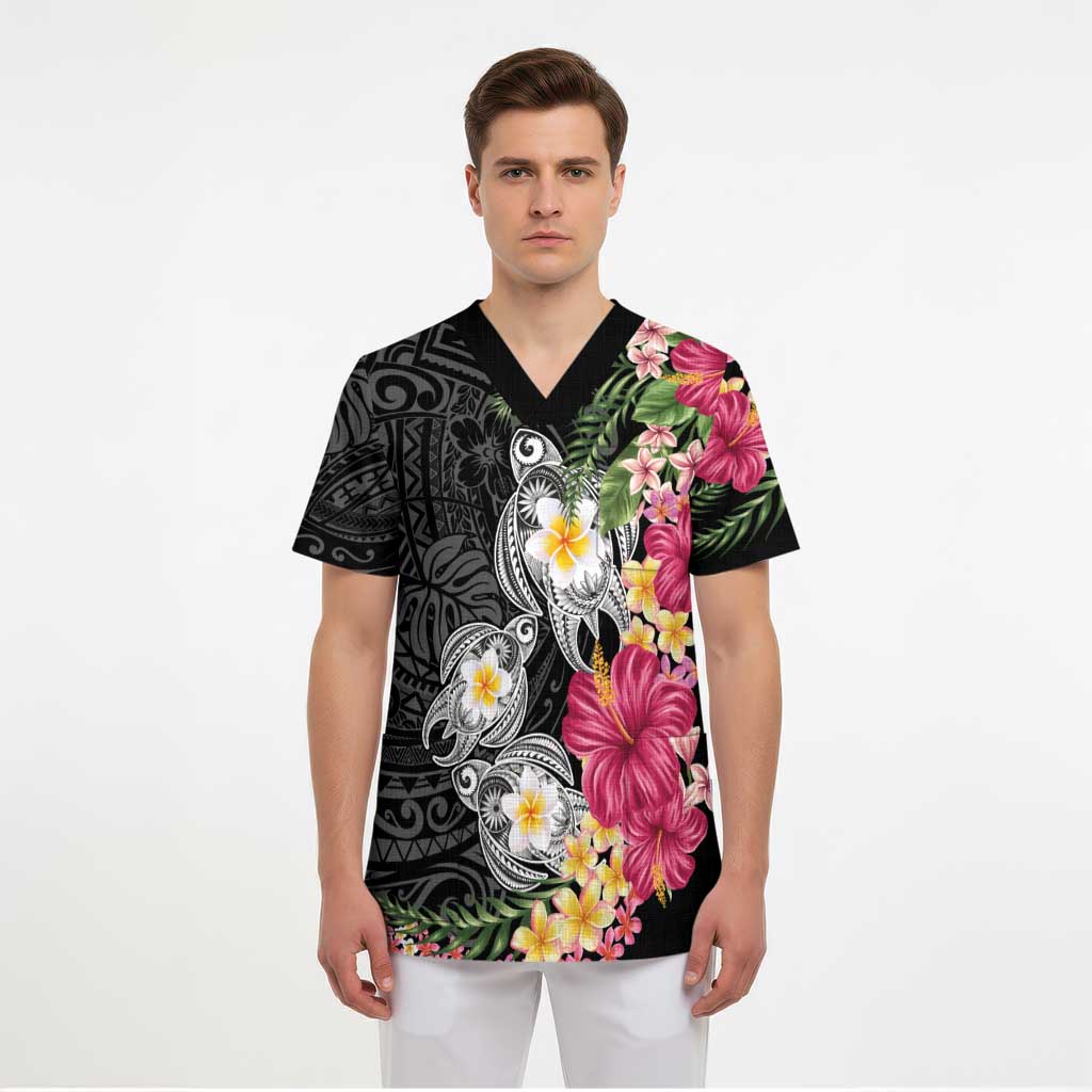 Hawaiian Tropical Flowers and Tribal Turtles Scrub Top Polynesian Art Motifs Black Color LT03 - Polynesian Pride