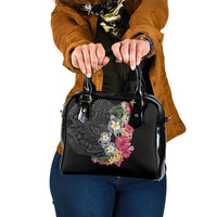 Hawaiian Tropical Flowers and Tribal Turtles Shoulder Handbag Polynesian Art Motifs Black Color LT03 One Size Black - Polynesian Pride