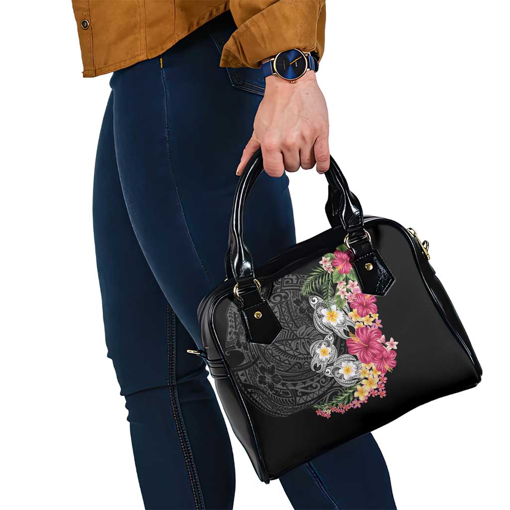 Hawaiian Tropical Flowers and Tribal Turtles Shoulder Handbag Polynesian Art Motifs Black Color LT03 - Polynesian Pride