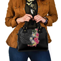 Hawaiian Tropical Flowers and Tribal Turtles Shoulder Handbag Polynesian Art Motifs Black Color LT03 - Polynesian Pride