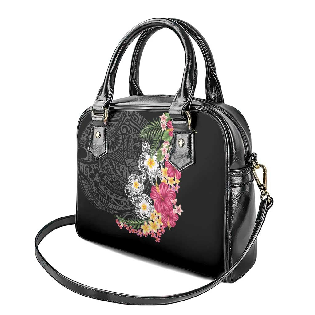 Hawaiian Tropical Flowers and Tribal Turtles Shoulder Handbag Polynesian Art Motifs Black Color LT03 - Polynesian Pride