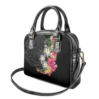 Hawaiian Tropical Flowers and Tribal Turtles Shoulder Handbag Polynesian Art Motifs Black Color LT03 - Polynesian Pride