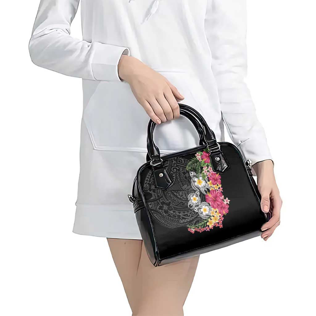 Hawaiian Tropical Flowers and Tribal Turtles Shoulder Handbag Polynesian Art Motifs Black Color LT03 - Polynesian Pride