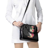 Hawaiian Tropical Flowers and Tribal Turtles Shoulder Handbag Polynesian Art Motifs Black Color LT03 - Polynesian Pride
