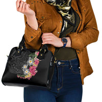 Hawaiian Tropical Flowers and Tribal Turtles Shoulder Handbag Polynesian Art Motifs Black Color LT03 - Polynesian Pride