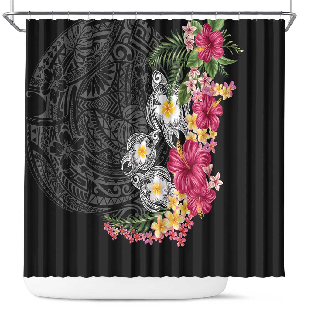 Hawaiian Tropical Flowers and Tribal Turtles Shower Curtain Polynesian Art Motifs Black Color LT03 Black - Polynesian Pride