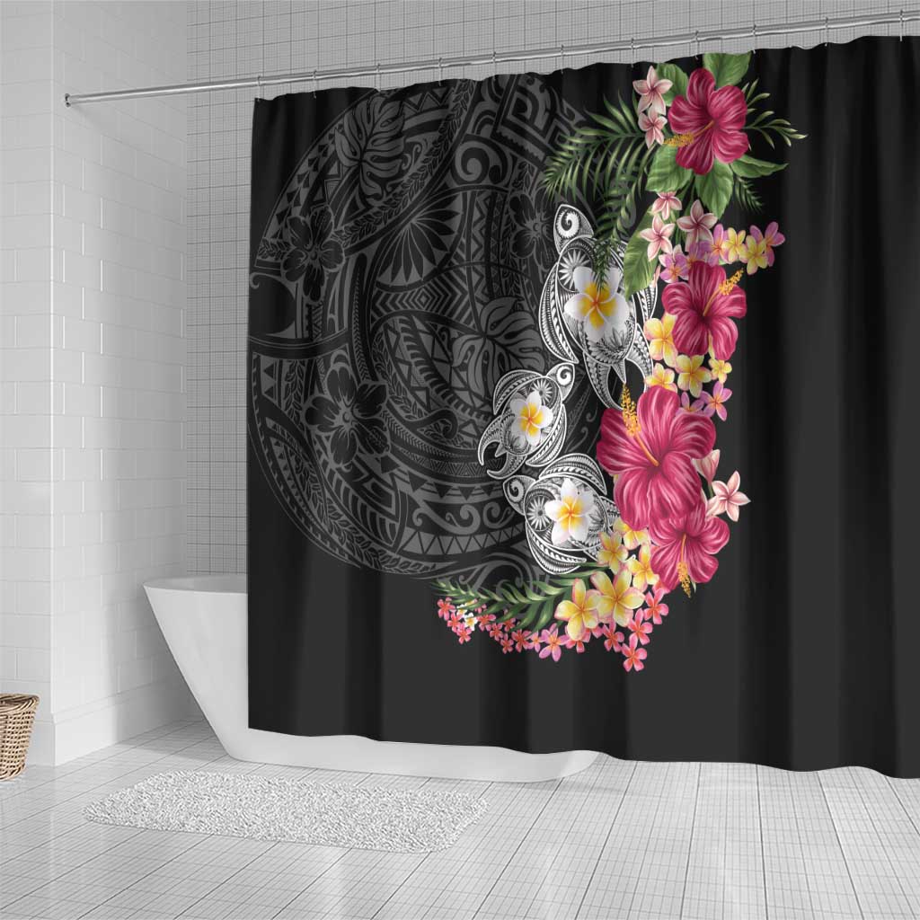 Hawaiian Tropical Flowers and Tribal Turtles Shower Curtain Polynesian Art Motifs Black Color LT03 - Polynesian Pride