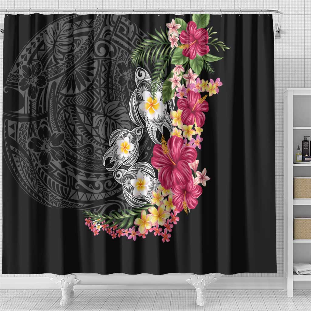 Hawaiian Tropical Flowers and Tribal Turtles Shower Curtain Polynesian Art Motifs Black Color LT03 - Polynesian Pride