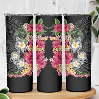 Hawaiian Tropical Flowers and Tribal Turtles Skinny Tumbler Polynesian Art Motifs Black Color LT03 - Polynesian Pride