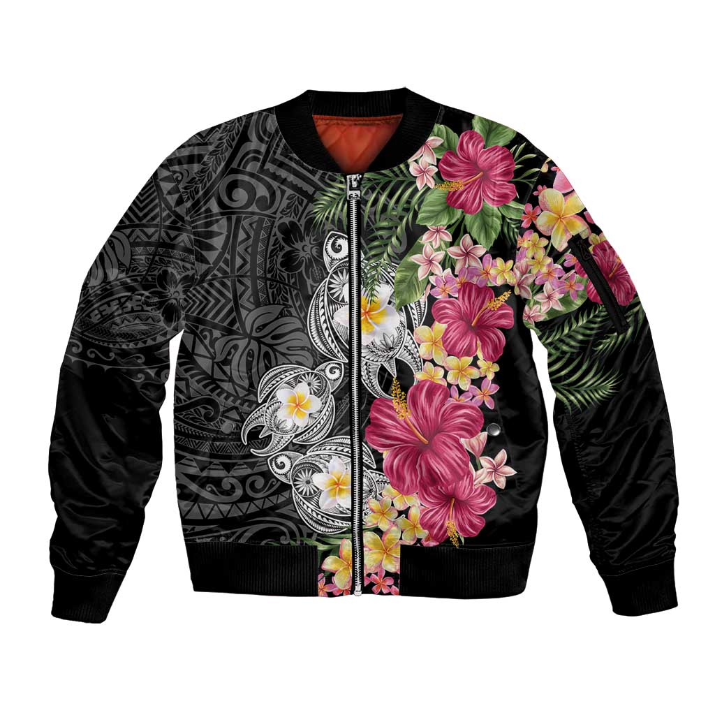 Hawaiian Tropical Flowers and Tribal Turtles Sleeve Zip Bomber Jacket Polynesian Art Motifs Black Color LT03 Unisex Black - Polynesian Pride