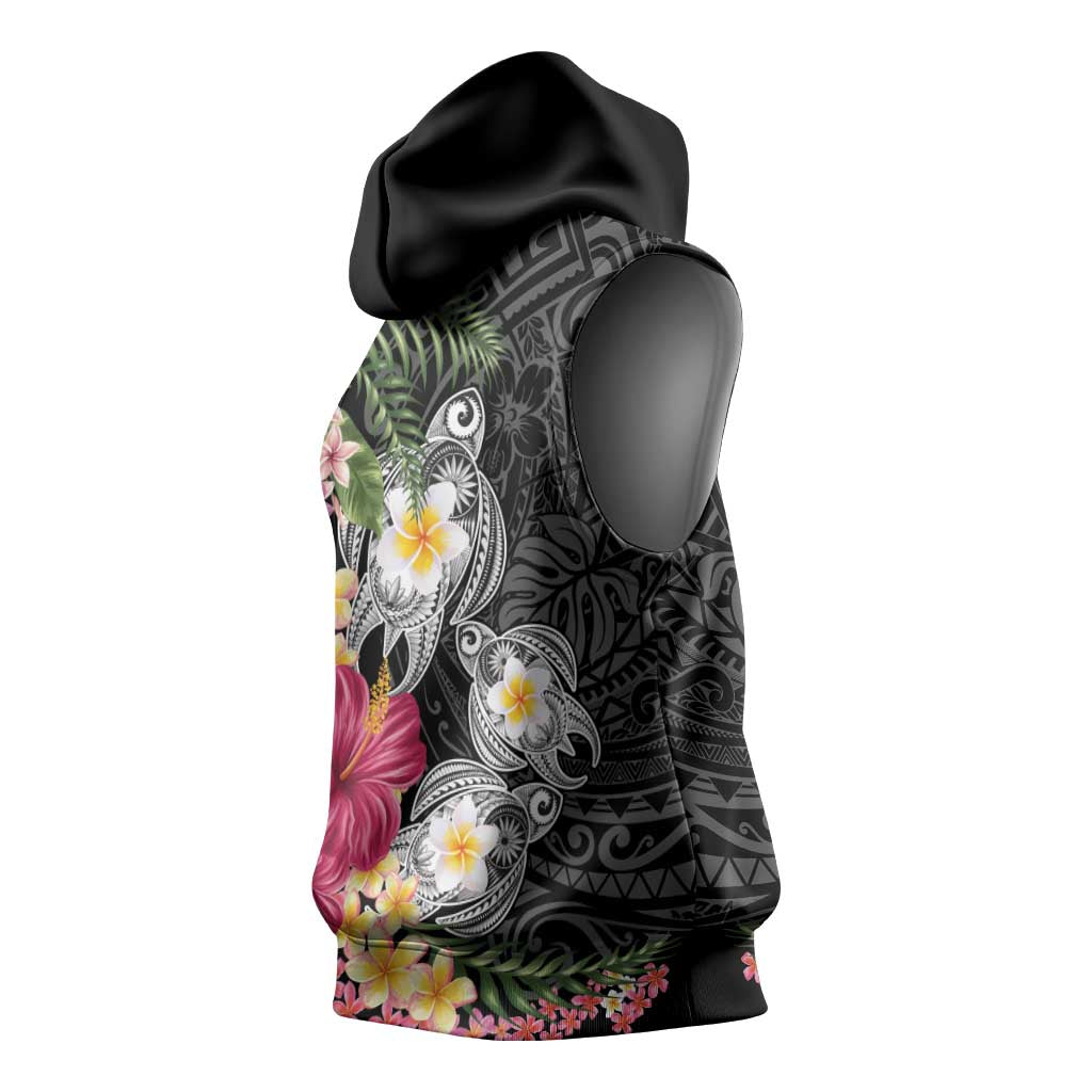 Hawaiian Tropical Flowers and Tribal Turtles Sleeveless Hoodie Polynesian Art Motifs Black Color LT03 - Polynesian Pride