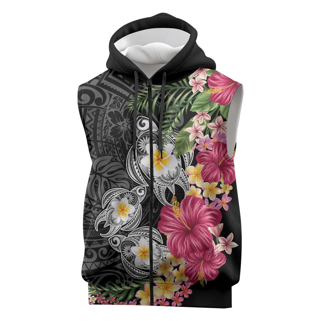 Hawaiian Tropical Flowers and Tribal Turtles Sleeveless Zip Hoodie Polynesian Art Motifs Black Color LT03 Black - Polynesian Pride