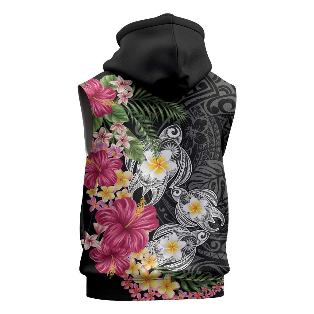 Hawaiian Tropical Flowers and Tribal Turtles Sleeveless Zip Hoodie Polynesian Art Motifs Black Color LT03 - Polynesian Pride