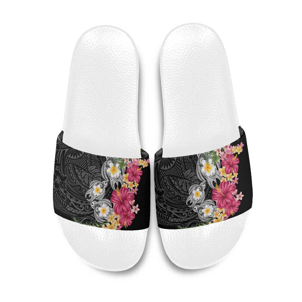 Hawaiian Tropical Flowers and Tribal Turtles Slide Sandals Polynesian Art Motifs Black Color LT03 Black - Polynesian Pride