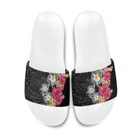 Hawaiian Tropical Flowers and Tribal Turtles Slide Sandals Polynesian Art Motifs Black Color LT03 Black - Polynesian Pride