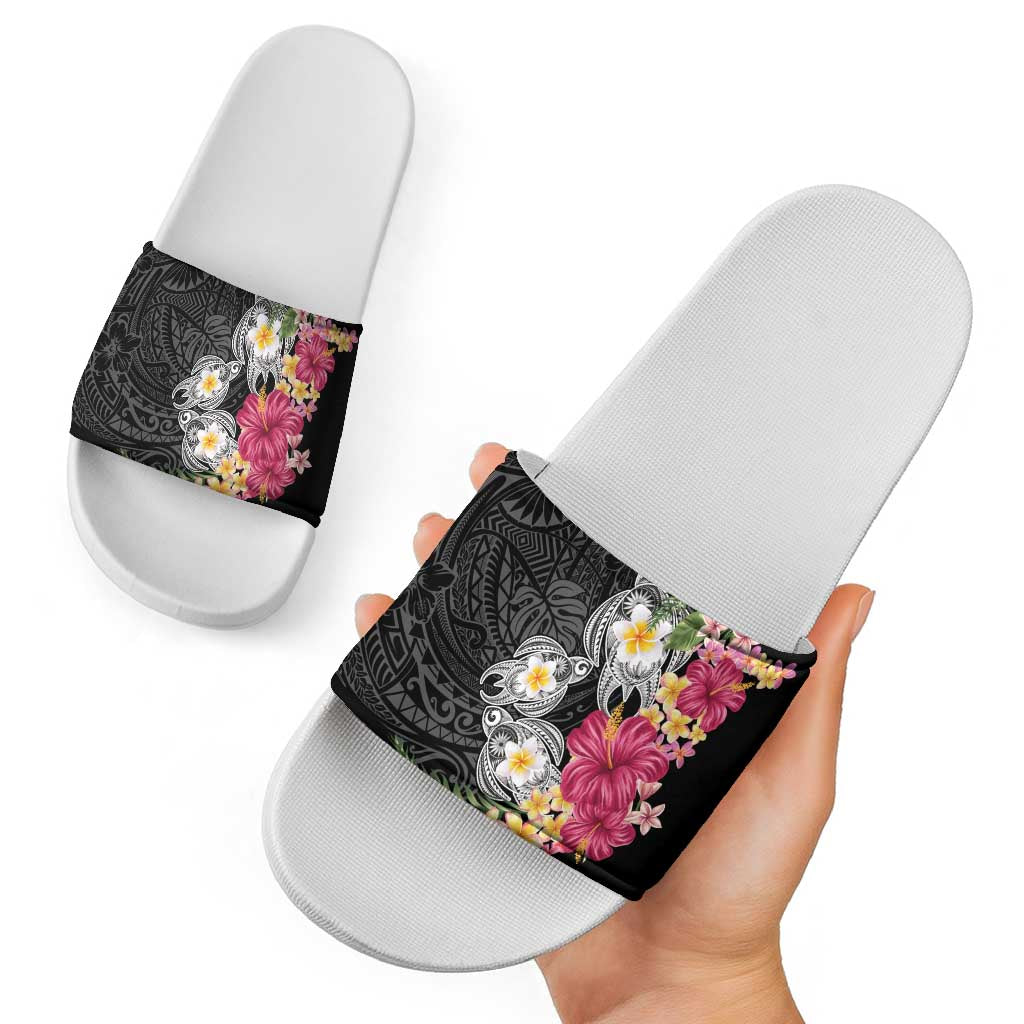 Hawaiian Tropical Flowers and Tribal Turtles Slide Sandals Polynesian Art Motifs Black Color LT03 - Polynesian Pride