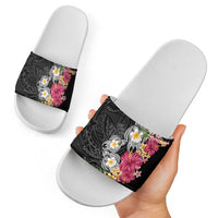 Hawaiian Tropical Flowers and Tribal Turtles Slide Sandals Polynesian Art Motifs Black Color LT03 - Polynesian Pride