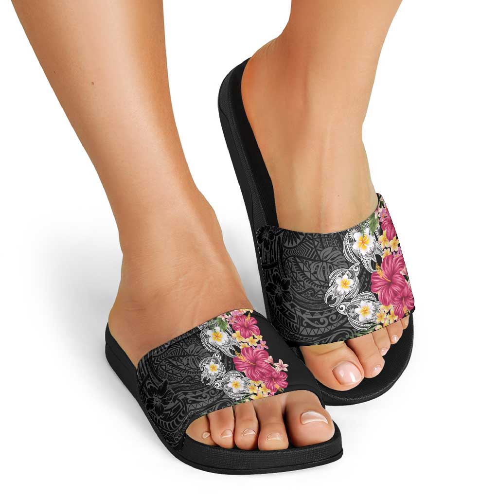 Hawaiian Tropical Flowers and Tribal Turtles Slide Sandals Polynesian Art Motifs Black Color LT03 - Polynesian Pride