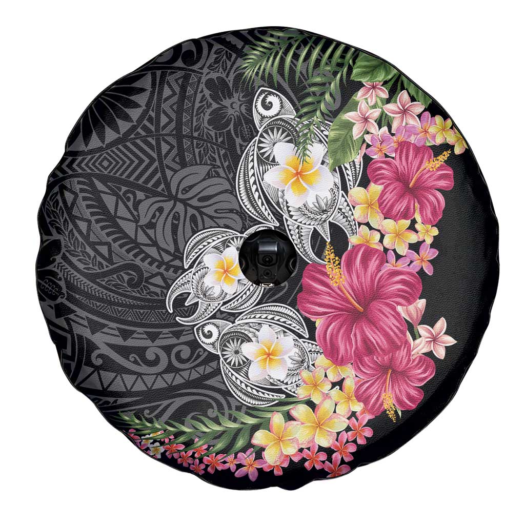 Hawaiian Tropical Flowers and Tribal Turtles Spare Tire Cover Polynesian Art Motifs Black Color LT03 - Polynesian Pride