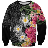 Hawaiian Tropical Flowers and Tribal Turtles Sweatshirt Polynesian Art Motifs Black Color LT03 Unisex Black - Polynesian Pride