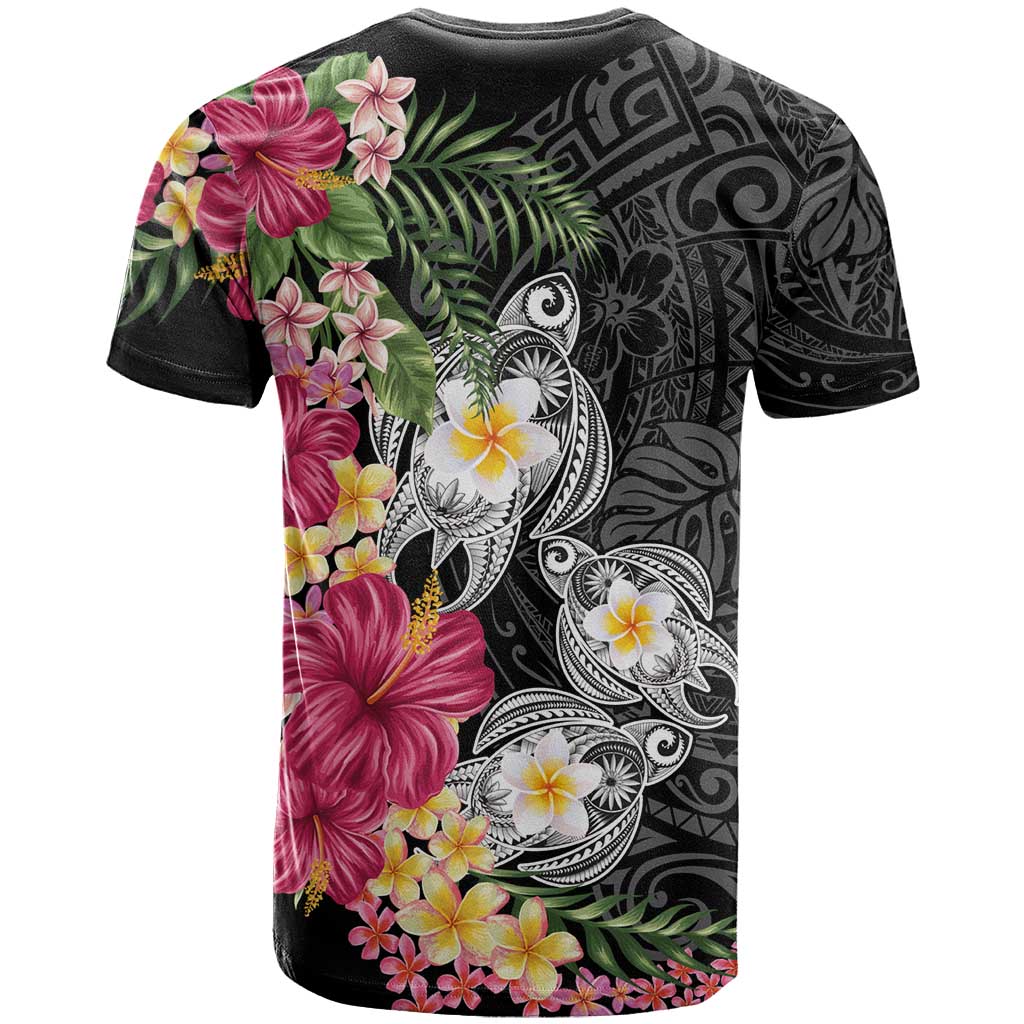 Hawaiian Tropical Flowers and Tribal Turtles T Shirt Polynesian Art Motifs Black Color LT03 - Polynesian Pride