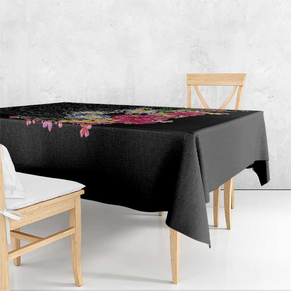 Hawaiian Tropical Flowers and Tribal Turtles Tablecloth Polynesian Art Motifs Black Color LT03 - Polynesian Pride