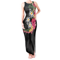 Hawaiian Tropical Flowers and Tribal Turtles Tank Maxi Dress Polynesian Art Motifs Black Color LT03 Women Black - Polynesian Pride