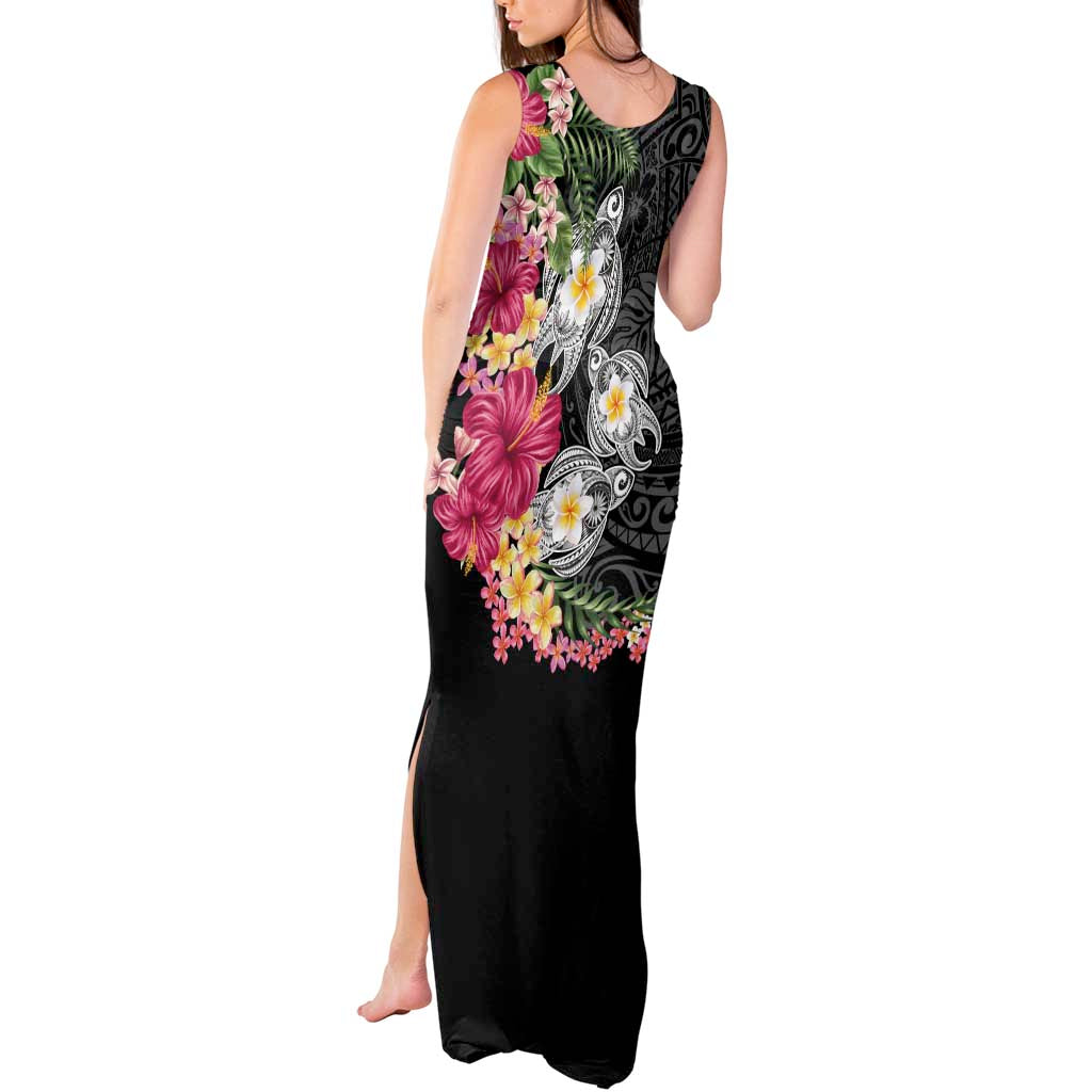 Hawaiian Tropical Flowers and Tribal Turtles Tank Maxi Dress Polynesian Art Motifs Black Color LT03 - Polynesian Pride