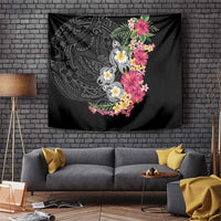Hawaiian Tropical Flowers and Tribal Turtles Tapestry Polynesian Art Motifs Black Color LT03 Black - Polynesian Pride