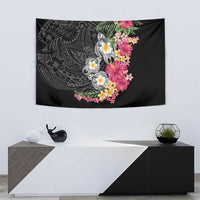 Hawaiian Tropical Flowers and Tribal Turtles Tapestry Polynesian Art Motifs Black Color LT03 - Polynesian Pride