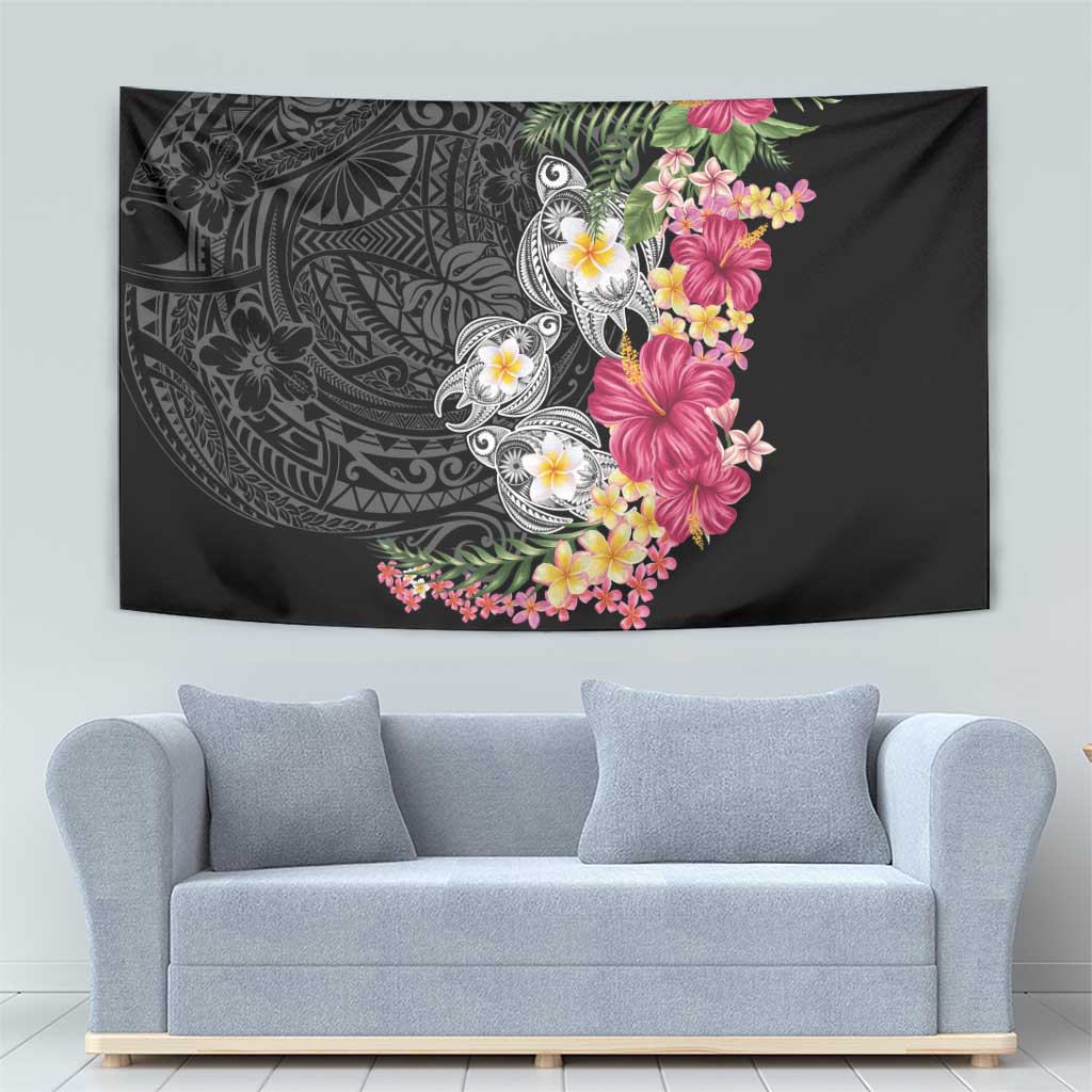 Hawaiian Tropical Flowers and Tribal Turtles Tapestry Polynesian Art Motifs Black Color LT03 - Polynesian Pride