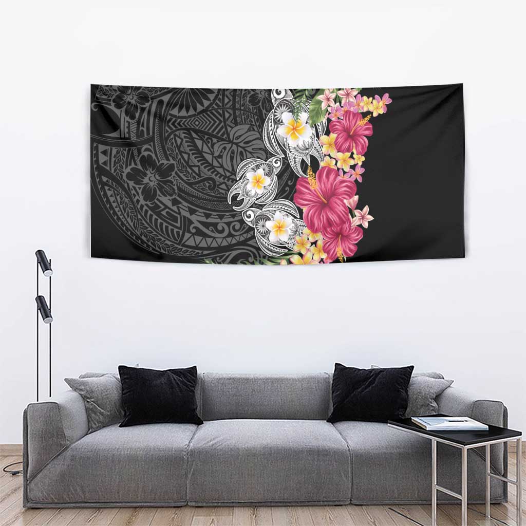 Hawaiian Tropical Flowers and Tribal Turtles Tapestry Polynesian Art Motifs Black Color LT03 - Polynesian Pride