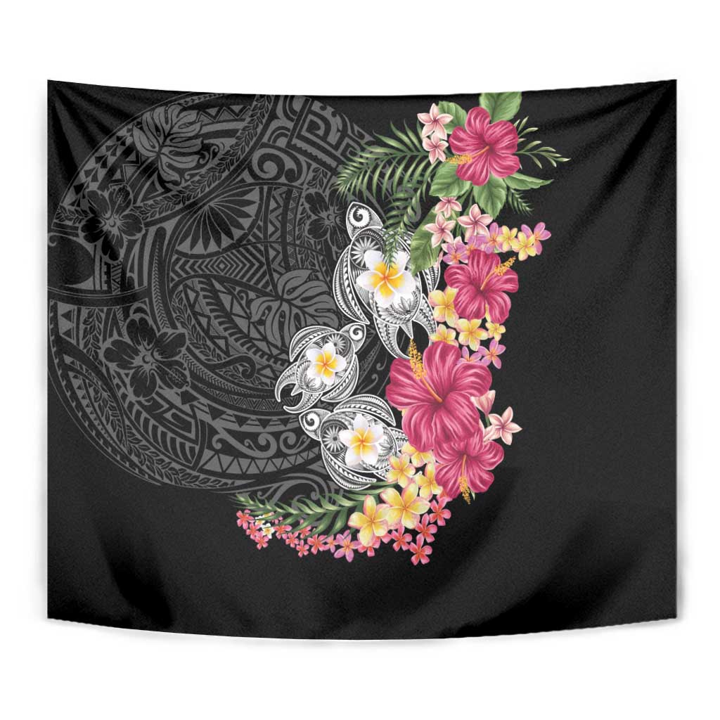 Hawaiian Tropical Flowers and Tribal Turtles Tapestry Polynesian Art Motifs Black Color LT03 - Polynesian Pride