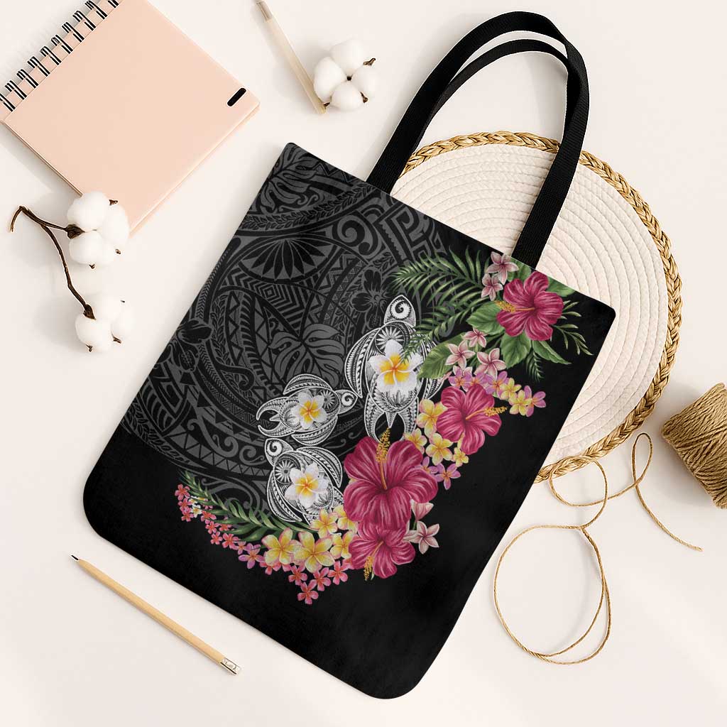 Hawaiian Tropical Flowers and Tribal Turtles Tote Bag Polynesian Art Motifs Black Color LT03 Black Strap One Size Black - Polynesian Pride