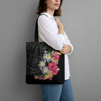 Hawaiian Tropical Flowers and Tribal Turtles Tote Bag Polynesian Art Motifs Black Color LT03 - Polynesian Pride