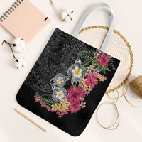 Hawaiian Tropical Flowers and Tribal Turtles Tote Bag Polynesian Art Motifs Black Color LT03 White Strap One Size Black - Polynesian Pride