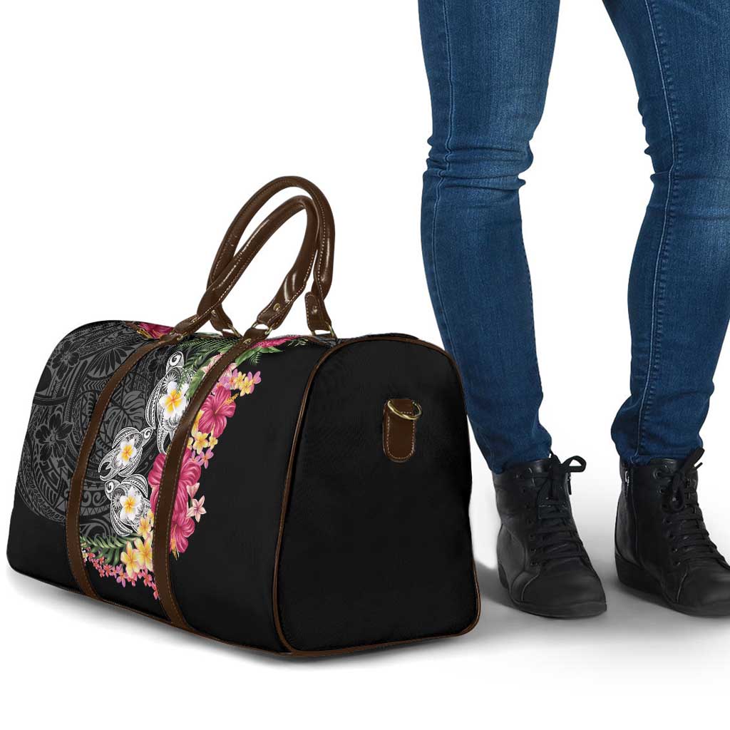 Hawaiian Tropical Flowers and Tribal Turtles Travel Bag Polynesian Art Motifs Black Color LT03 - Polynesian Pride