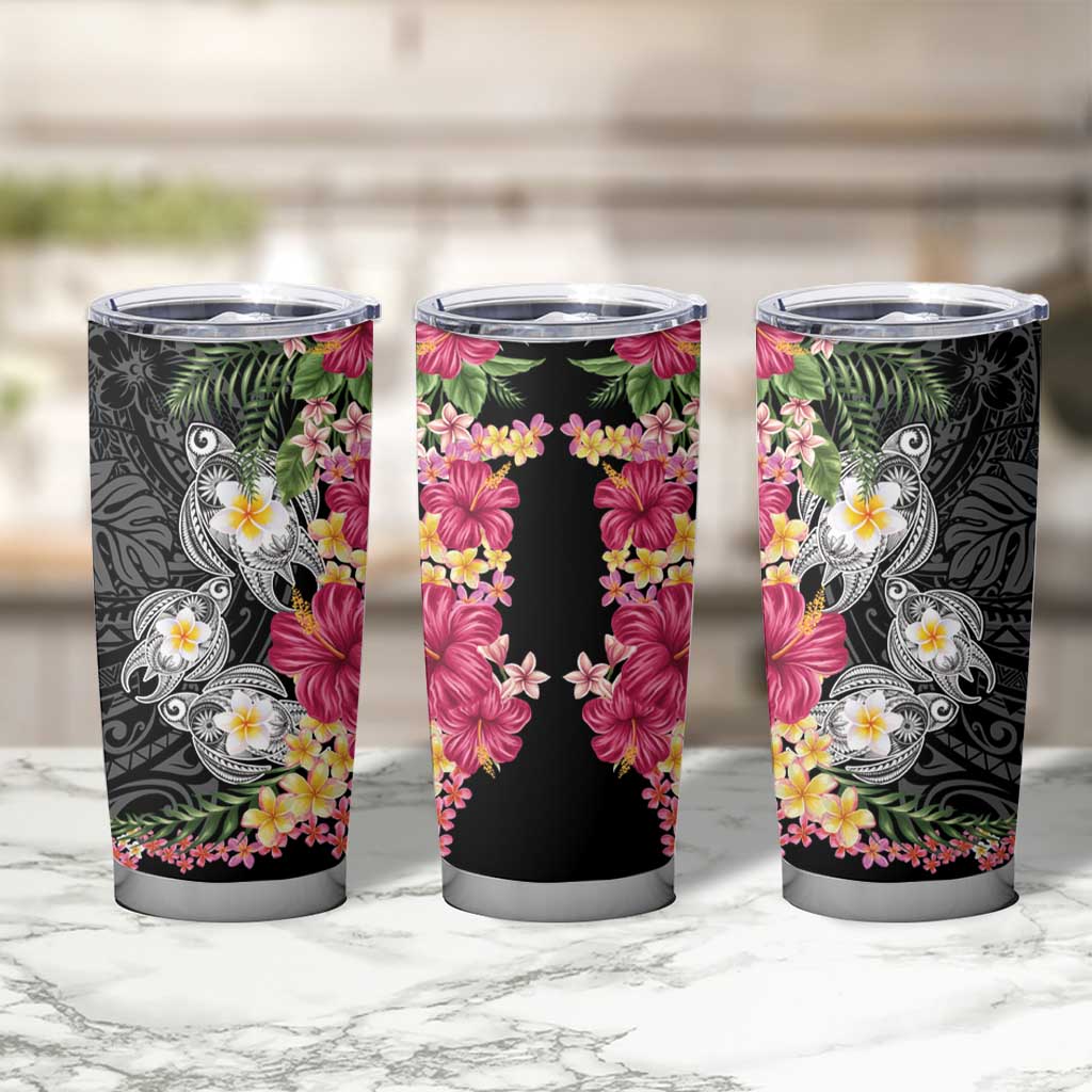Hawaiian Tropical Flowers and Tribal Turtles Tumbler Cup Polynesian Art Motifs Black Color LT03 - Polynesian Pride