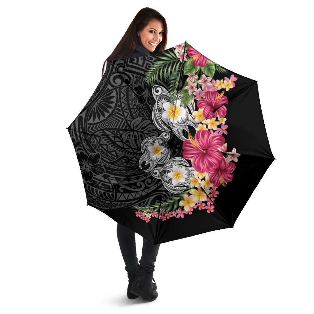 Hawaiian Tropical Flowers and Tribal Turtles Umbrella Polynesian Art Motifs Black Color LT03 - Polynesian Pride
