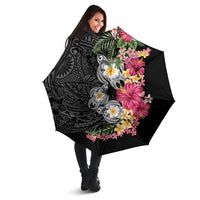 Hawaiian Tropical Flowers and Tribal Turtles Umbrella Polynesian Art Motifs Black Color LT03 - Polynesian Pride
