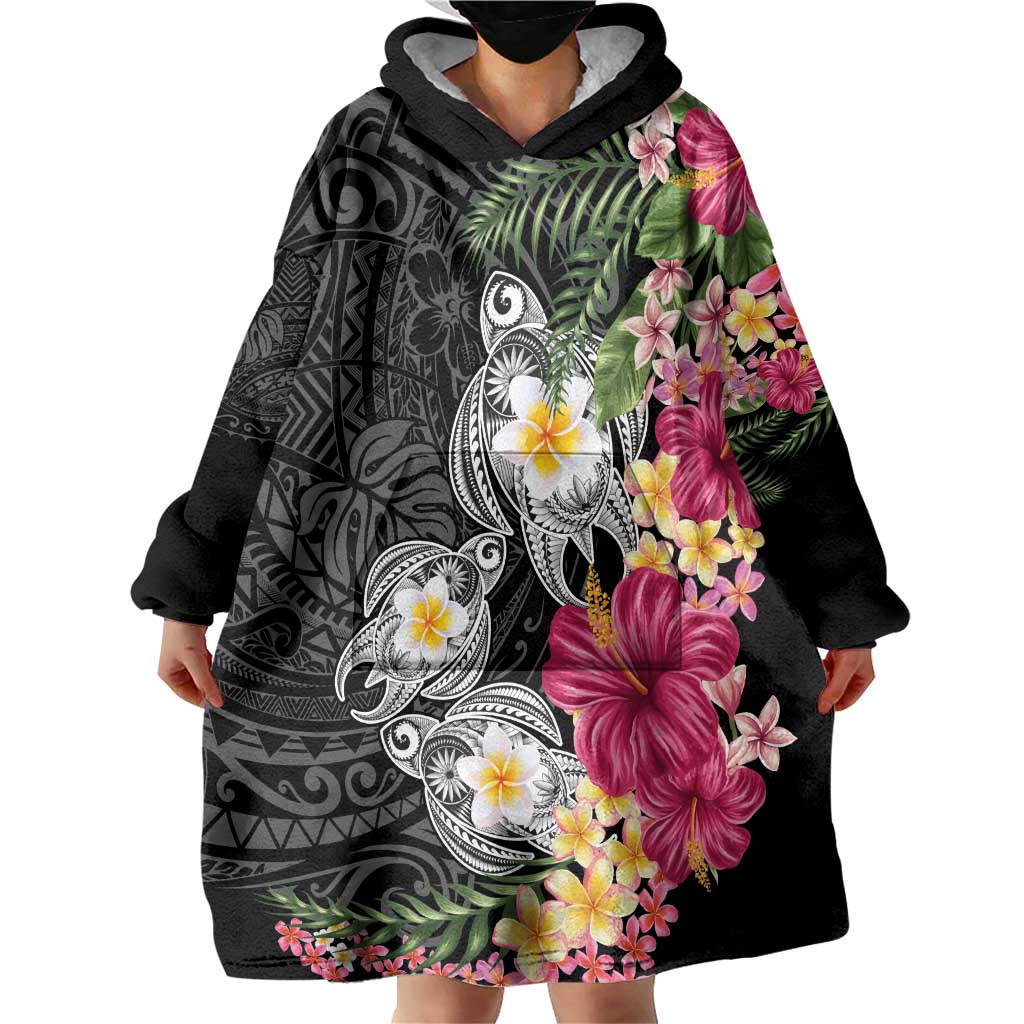 Hawaiian Tropical Flowers and Tribal Turtles Wearable Blanket Hoodie Polynesian Art Motifs Black Color LT03 - Polynesian Pride