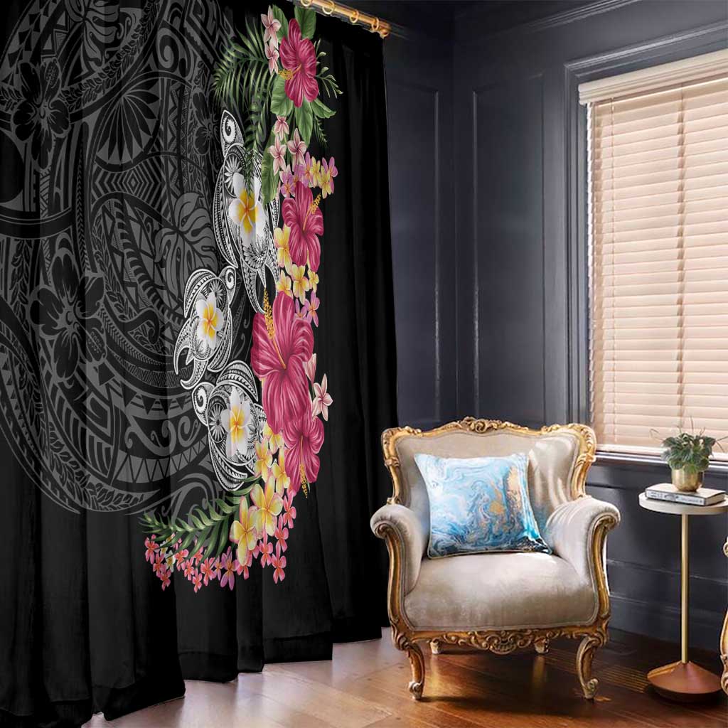 Hawaiian Tropical Flowers and Tribal Turtles Window Curtain Polynesian Art Motifs Black Color LT03 - Polynesian Pride