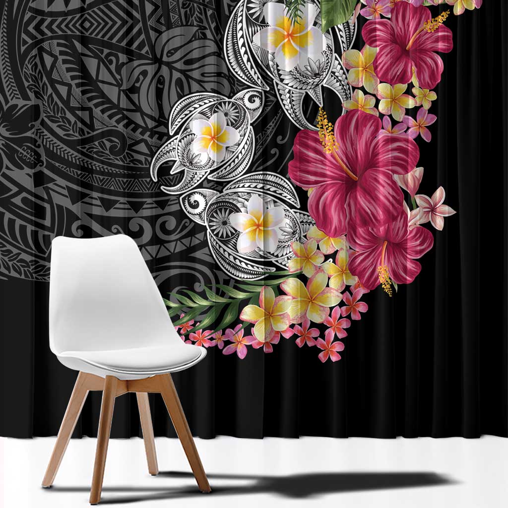 Hawaiian Tropical Flowers and Tribal Turtles Window Curtain Polynesian Art Motifs Black Color LT03 - Polynesian Pride