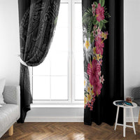 Hawaiian Tropical Flowers and Tribal Turtles Window Curtain Polynesian Art Motifs Black Color LT03 - Polynesian Pride